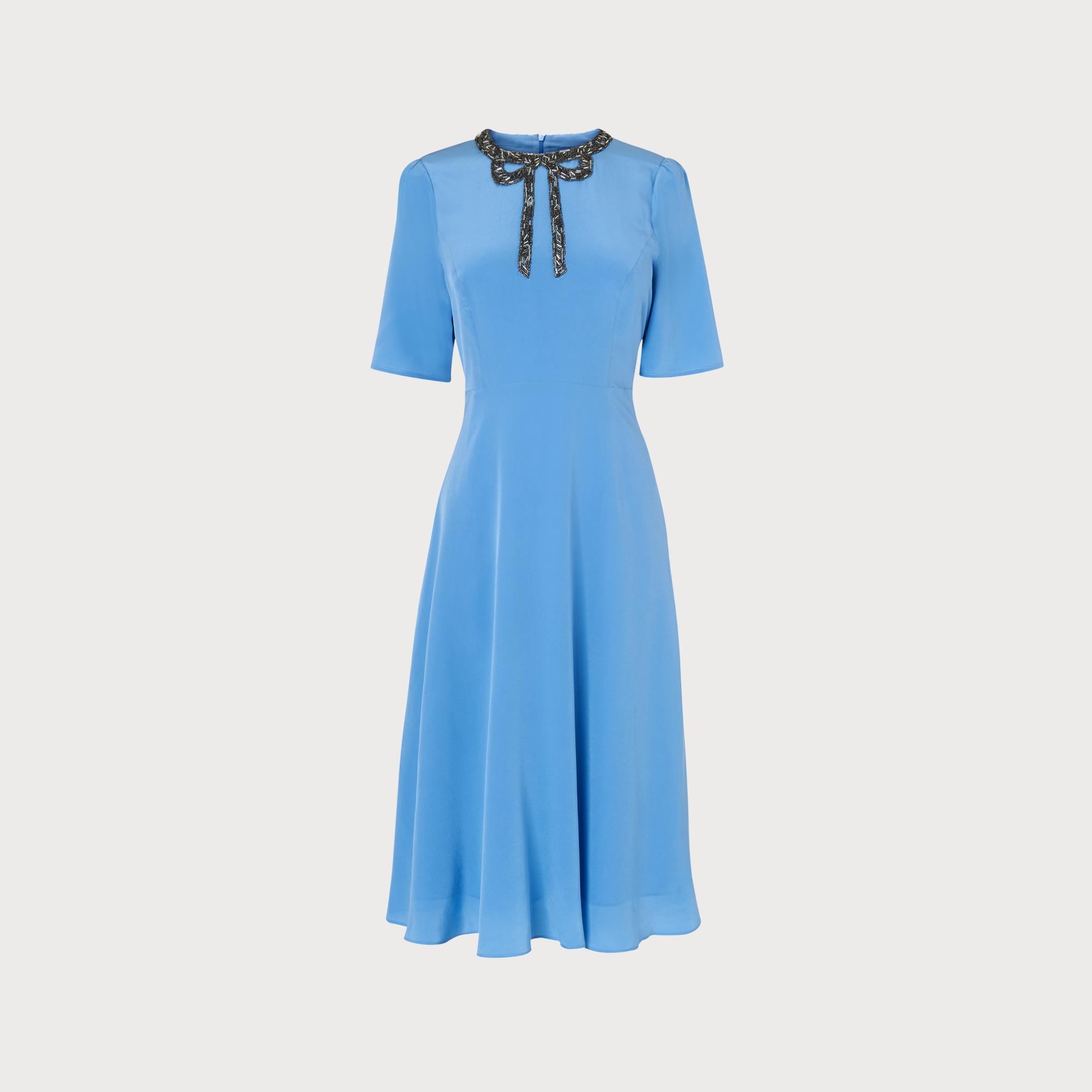 Carey Blue Bow Beaded Silk Tea Dress ...